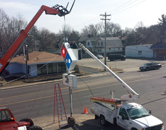 Installing new LED road sign at Domino's on Western